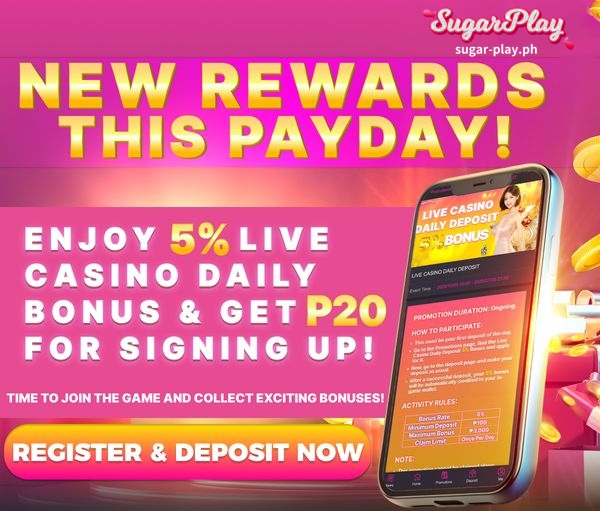 SugarPlay Casino Get a 5% bonus on your first deposit of the day when you play Live casino! plus,enjoy an instant PHP 20 for signing up!